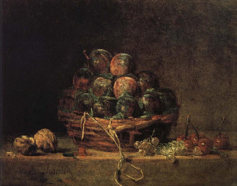 Jean Baptiste Simeon Chardin Walnut and fitted with a basket of plums cherry red millet vinegar oil painting image